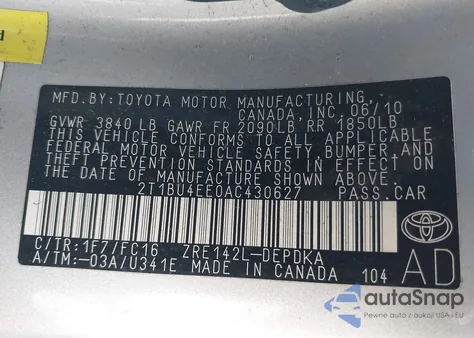 2010 Toyota Corolla Le z USA, uszkodzony, nr VIN 2T1BU4EE0AC430627